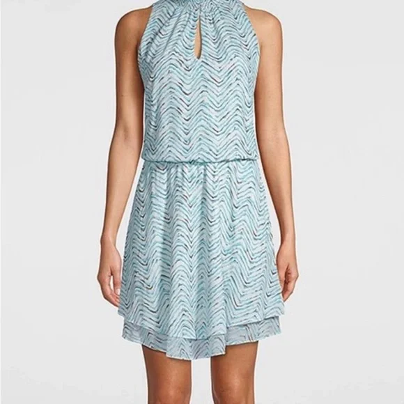 White House Black Market Wm Dress Printed Smock Sleeveless Blue High Neck L. - Picture 2 of 10